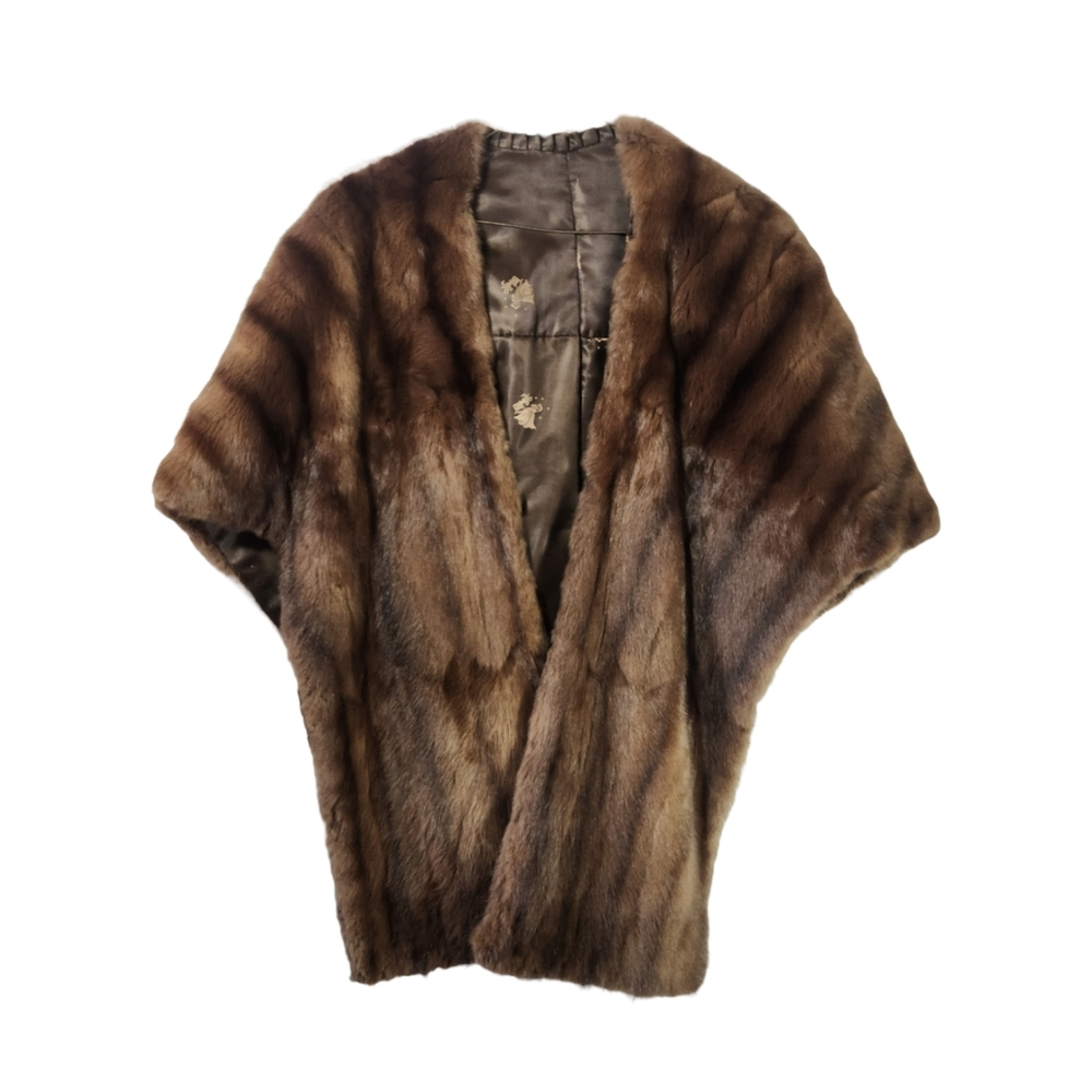 Vintage Mink Fur Shoulder Wrap in Brown/Black Stripes and Handles